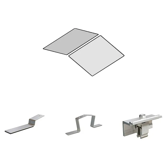 Solavento Befestigungs-Set - Passend für: 2 Solarmodule, Witterungsbeständig, Geeignet für: Flachdach, Gesamtstückzahl: 14 Stk. - Silberfarbene Metall-Befestigungsteile für Solarmodule: diverse Halterungen und Klemmen, dazu zwei graue Plattenformen.