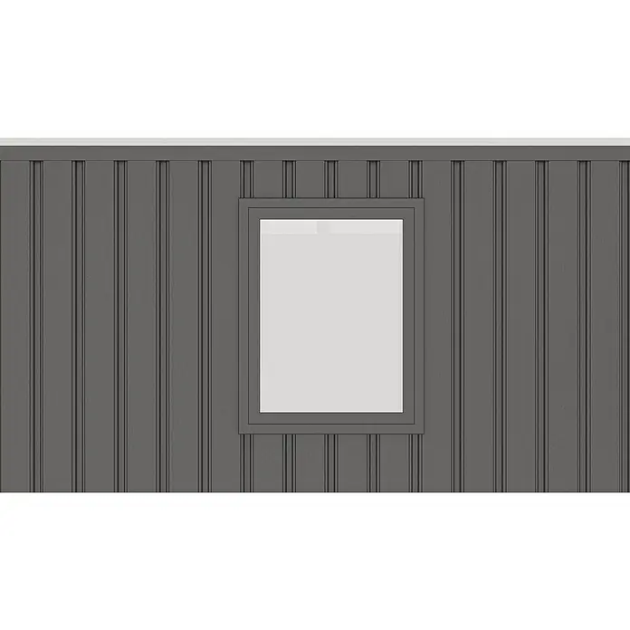 Gardol Gerätehaus Cubus Max - Außenmaß inkl. Dachüberstand (B x T): 294 x 230 cm, Stahl, Schwarz - Eine Nahaufnahme einer grauen Holzwand mit senkrechten Brettern und einem Fenster, das einen schlichten, modernen Look bietet.