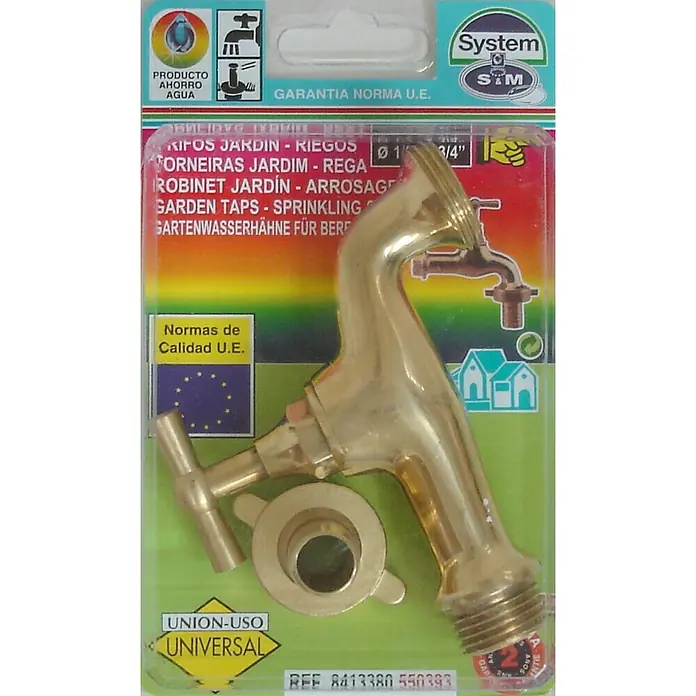 Grifo de descarga 1/2" - Latón - Imagen de un grifo de jardín con accesorios en un embalaje del producto.
