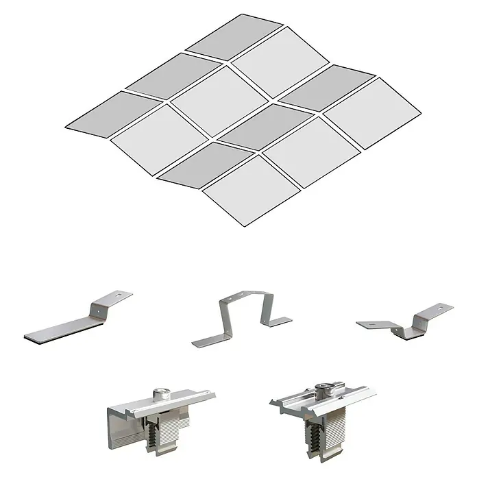 Solavento Befestigungs-Set - Passend für: 12 Solarmodule (4x3), Witterungsbeständig, Geeignet für: Flachdach, Gesamtstückzahl: 68 Stk. - Silberne Metallkomponenten zur Solarmontage, einschließlich Dachhaken und Modulklemmen, mit einem Raster von Solarmodulen.
