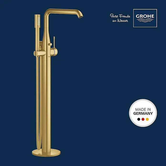 Grohe Essence Badewannenstandarmatur - Höhe: 88,4 cm, Cool Sunrise, Matt - Freistehende GROHE Badewannenarmatur in gebürstetem Gold, ein luxuriöses und modernes Designelement für Ihr Badezimmer.