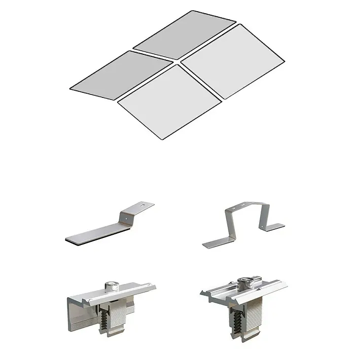 Solavento Befestigungs-Set - Passend für: 4 Solarmodule, Witterungsbeständig, Geeignet für: Flachdach, Gesamtstückzahl: 25 Stk. - Silbernes Solarpanel-Montagematerial: vier Paneele, L-förmige und U-förmige Halterungen sowie zwei Arten von Paneelklemmen.