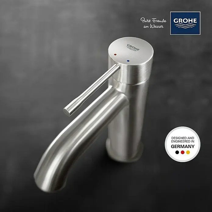 Grohe Essence New Waschtischarmatur S-Size - Supersteel, Glänzend - Glänzender Grohe Wasserhahn aus gebürstetem Edelstahl mit minimalistischem Design für moderne Badezimmer.