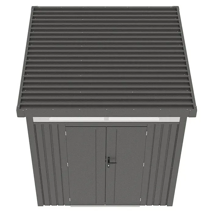 Gardol Gerätehaus Cubus - Außenmaß inkl. Dachüberstand (B x T): 230 x 230 cm, Metall, Schwarz - Ansicht von oben auf einen modernen Gartenschuppen aus Metall mit Doppeltür und geriffeltem Dach, ideal für die Gartenaufbewahrung.
