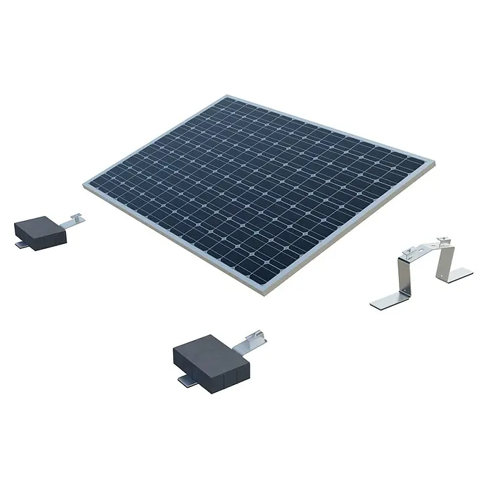 Solavento Befestigungs-Set - Passend für: 18 Solarmodule, Witterungsbeständig, Geeignet für: Flachdach, Gesamtstückzahl: 100 Stk. - Solarmodul mit dunklen Zellen und hellem Rahmen, dazu graue Montagegewichte und Halterungen zur Installation.