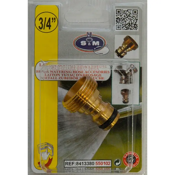 Adaptador para grifo macho - ¾″, Latón - Primer plano de un conector de manguera de jardín de latón de 3/4" con información del producto en el embalaje.