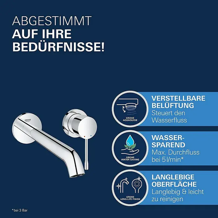 Grohe Essence Waschtischarmatur L - Wandmontage, Chrom, Glänzend - Bild einer Grohe Armatur mit Hinweisen auf ihre Funktionen: verstellbare Belüftung, Wasser sparend und langlebige Oberfläche.
