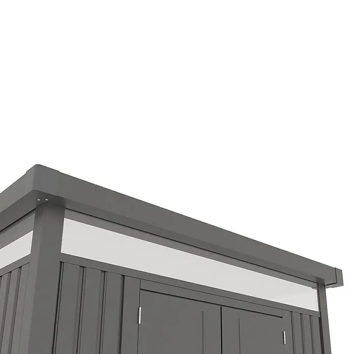 Gardol Gerätehaus Cubus - Außenmaß inkl. Dachüberstand (B x T): 230 x 230 cm, Metall, Schwarz - Detailansicht eines grauen Gartenschuppens, der eine robuste und stilvolle Aufbewahrungslösung für den Außenbereich bietet.