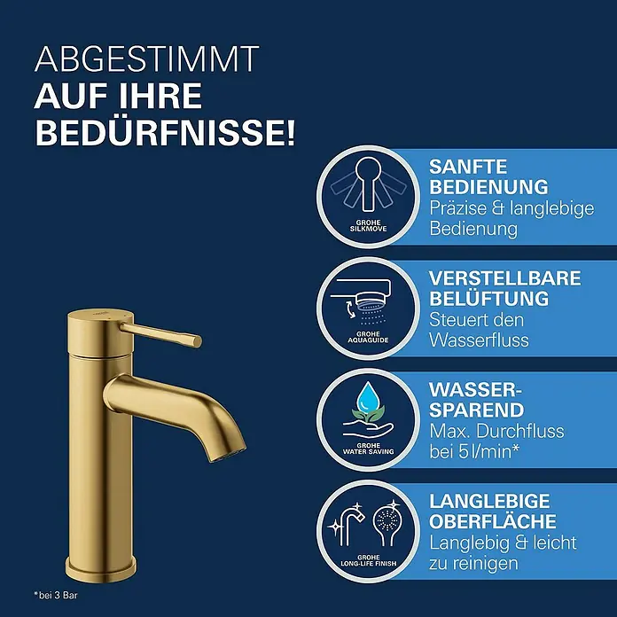 Grohe Essence New Waschtischarmatur S-Size - Ohne Zugstange, Cool Sunrise, Matt - Nahaufnahme einer eleganten goldenen GROHE Armatur, die für sanfte Bedienung, verstellbare Belüftung und Wasserersparnis wirbt.