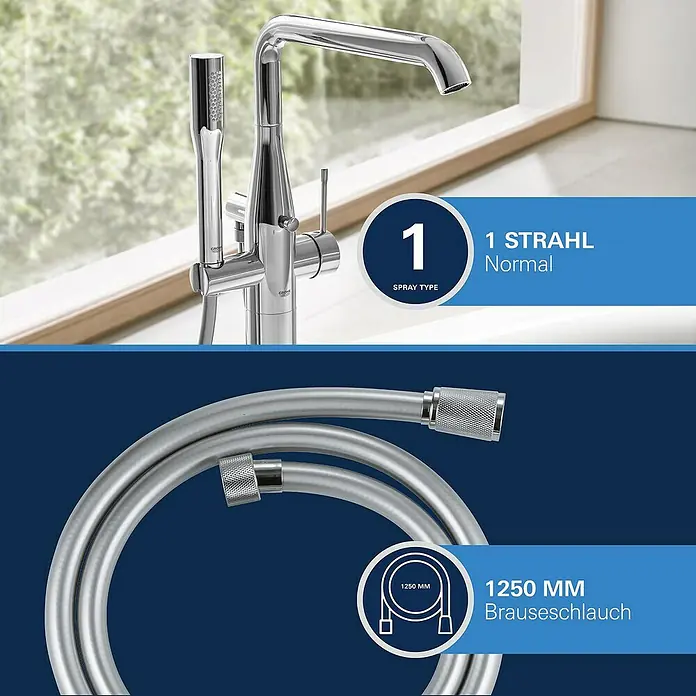Grohe Essence Badewannenstandarmatur - Höhe: 88,4 cm, Chrom, Glänzend - Produktabbildung einer Chromarmatur mit Brauseschlauch, der 1250 mm lang ist.