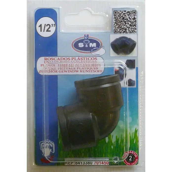 Codo angular Roscas Hembra - ½″ - Empaque de accesorio de rosca de plástico S&M de 1/2", ideal para fontanería y riego. Conexión confiable para bricolaje y jardinería.