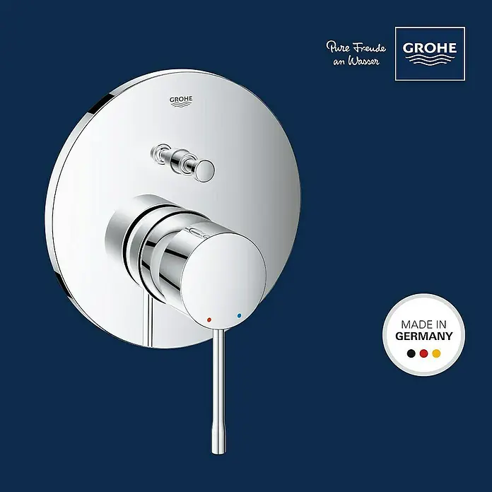 Grohe Essence UP-Badewannenarmatur - Chrom, Glänzend - Nahaufnahme eines glänzenden Grohe-Thermostatarmatur für die Dusche mit Bedienhebel und Temperaturregler, hergestellt in Deutschland.