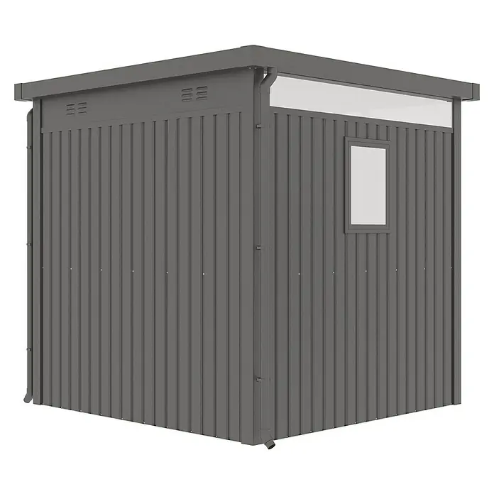 Gardol Gerätehaus Cubus - Außenmaß inkl. Dachüberstand (B x T): 230 x 230 cm, Metall, Schwarz - Abbildung eines modernen, grauen Metall-Gartenschuppens mit einem kleinen Fenster, ideal für die Aufbewahrung von Gartengeräten und Werkzeugen.