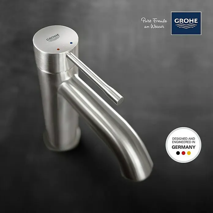 Grohe Essence New Waschtischarmatur S-Size - Ohne Zugstange, Supersteel, Matt - Elegante Grohe Essence Waschtischarmatur in gebürstetem Hard Graphite. Hochwertiges Design für moderne Badezimmer, hergestellt in Deutschland.