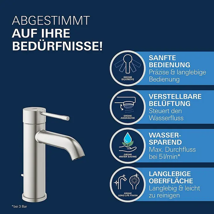 Grohe Essence New Waschtischarmatur S-Size - Supersteel, Glänzend - Bild einer Grohe Armatur mit Hinweisen auf sanfte Bedienung, verstellbare Belüftung, Wassersparen und langlebige Oberfläche.