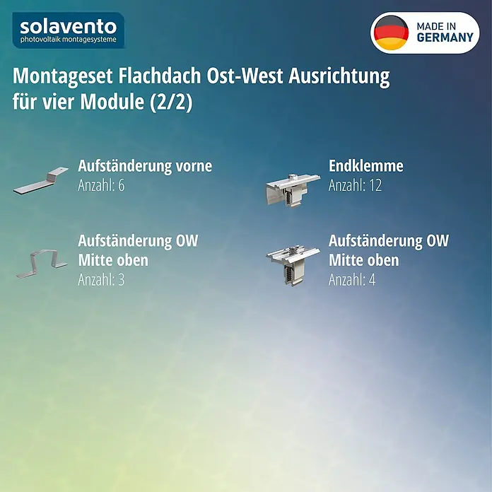 Solavento Befestigungs-Set - Passend für: 4 Solarmodule, Witterungsbeständig, Geeignet für: Flachdach, Gesamtstückzahl: 25 Stk. - Verschiedene metallische Bauteile für ein Solarmodul-Montagesystem, darunter Stützen und Klemmen.