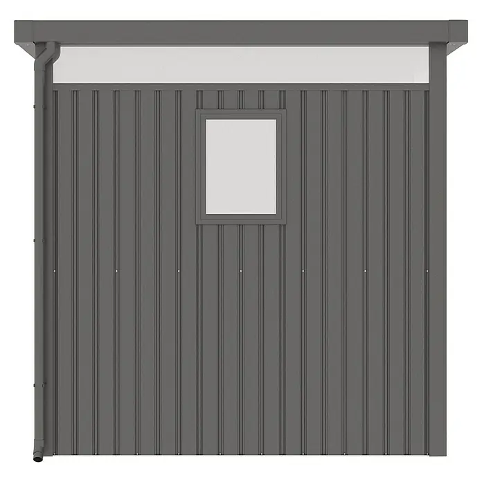 Gardol Gerätehaus Cubus - Außenmaß inkl. Dachüberstand (B x T): 230 x 230 cm, Metall, Schwarz - Fassadenansicht eines modernen Gartenhauses in Grau mit einem Fenster und vertikalen Paneelen für ein stilvolles Erscheinungsbild.