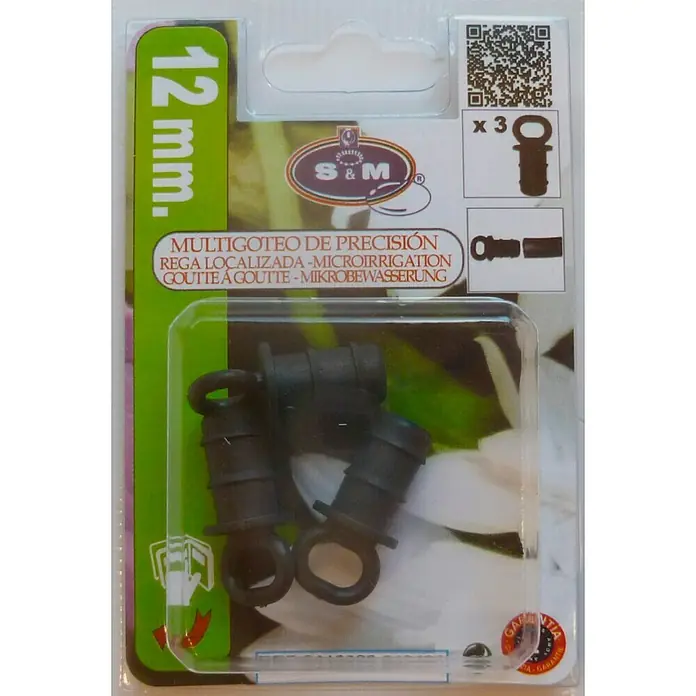 Tapón final Goteo - 12 mm, 3 ud. - Primer plano de un blíster con conectores de microirrigación de 12 mm, ideales para un riego de jardín preciso y eficiente.