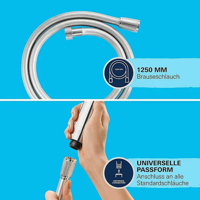 Grohe Brause-Set Vitalio Trigger Spray 30 - Chrom, Glänzend - Abbildung einer Brauseschlauchgarnitur mit einer Länge von 1250 mm und universeller Passform für Standardanschlüsse.