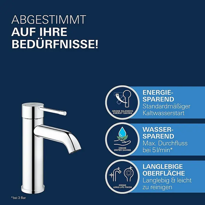 Grohe Essence New Waschtischarmatur S-Size - Hochdruck, Verchromt, Glänzend - Elegante Chrom-Armatur von Grohe mit Energiesparfunktion und langlebiger Oberfläche für ein modernes Badezimmer.