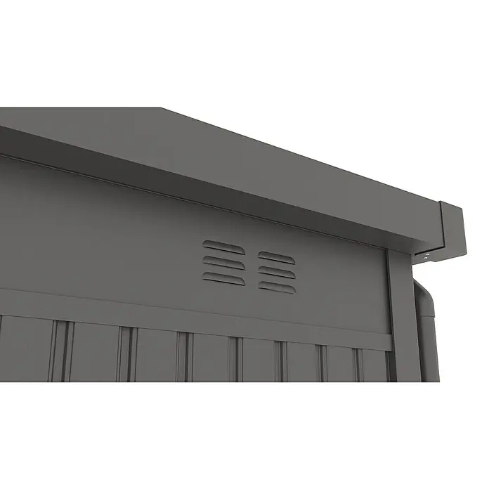 Gardol Gerätehaus Cubus - Außenmaß inkl. Dachüberstand (B x T): 230 x 230 cm, Metall, Schwarz - Detailansicht eines grauen Gartenhauses mit Lüftungsschlitzen und robustem Rahmen. Ideal für die Aufbewahrung im Freien.