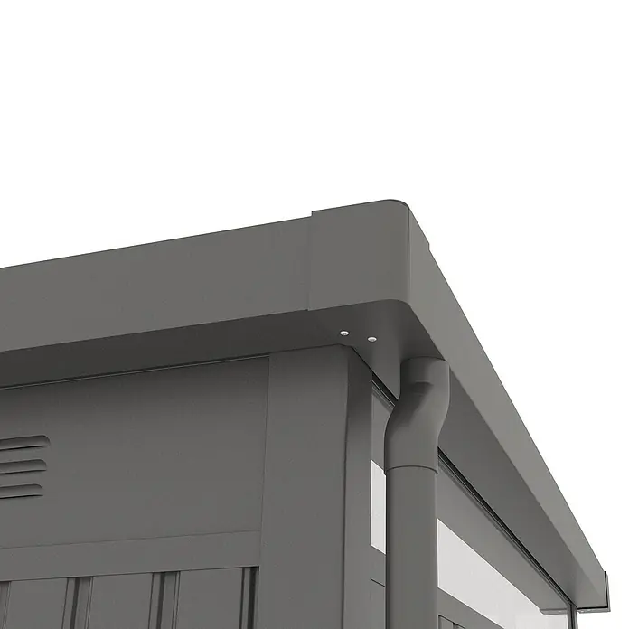 Gardol Gerätehaus Cubus - Außenmaß inkl. Dachüberstand (B x T): 230 x 230 cm, Metall, Schwarz - Nahaufnahme einer modernen grauen Terrassenüberdachung mit Regenrinne und eingebauten Lichtern.