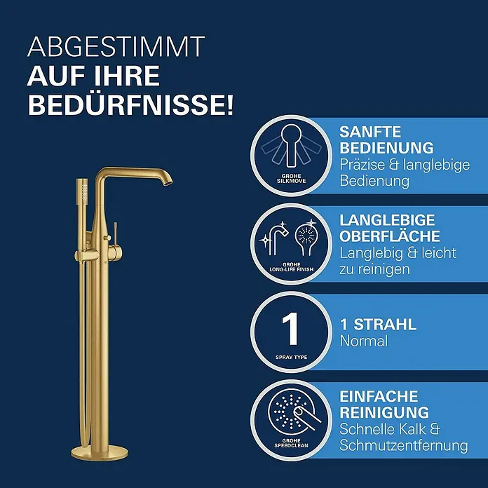 Grohe Essence Badewannenstandarmatur - Höhe: 88,4 cm, Cool Sunrise, Matt - Abgestimmt auf Ihre Bedürfnisse: Eine goldene Badarmatur mit sanfter Bedienung, langlebiger Oberfläche und einfacher Reinigung für mühelose Nutzung.