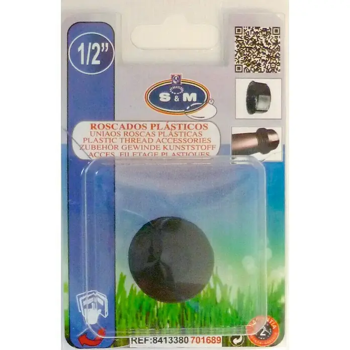 Tapón de sellado - Dimensión conexión: ½″, Hembra - Imagen de un accesorio roscado de plástico de 1/2" de S&M, ideal para sistemas de riego.