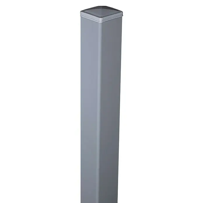 GroJa Ambiente Zaunpfosten - Höhe: 240 cm, Durchmesser: 60 mm, Silbergrau RAL7001, Aluminium - Hellgrauer Vierkantpfosten mit dunkelgrauer Kappe, ideal für Zäune oder Geländer.
