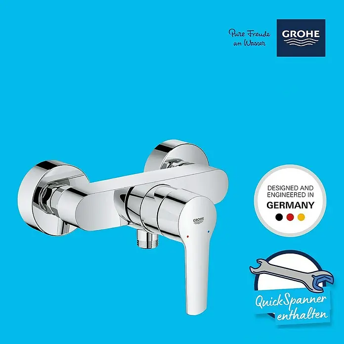 Grohe QuickFix Brausearmatur Start - Chrom, Glänzend, Messing - Abbildung einer glänzenden Grohe Armatur mit Einhebelmischer, Chromveredelung und minimalistischem Design für moderne Badezimmer.