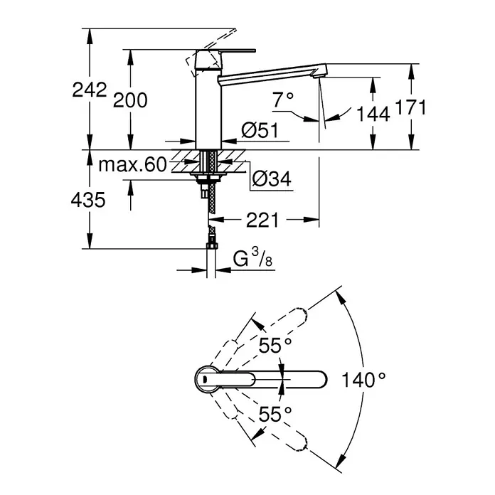 Grohe QuickFix Spültischarmatur Get - Chrom, Glänzend - Eine detaillierte technische Zeichnung einer Armatur mit Maßen und Winkeln für Installationszwecke.