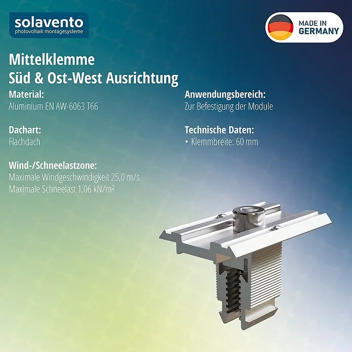 Solavento Mittelklemme - Aluminium, Geeignet für: Flachdach - Aluminium-Mittelklemme (60mm) zur Befestigung von Solarmodulen auf Flachdächern für Süd- und Ost-West-Ausrichtung.