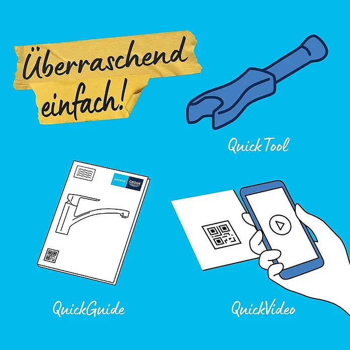 Grohe QuickFix Spültischarmatur Get - Chrom, Glänzend - Ein Werbebild für ein Installationsset, das einen Schnellschlüssel, eine Kurzanleitung und ein schnelles Video enthält.