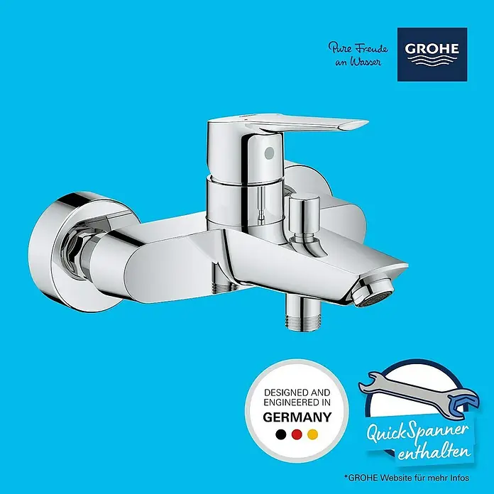 Grohe QuickFix Badewannenarmatur Start - Ausladung Armatur: 188 mm, Chrom, Glänzend - Produktfoto: Glänzender Grohe Wasserhahn mit dem Slogan "Pure Freude an Wasser".