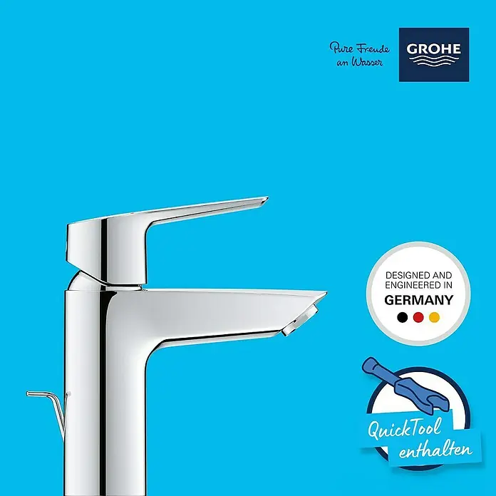 Grohe QuickFix Waschtischarmatur Start S-Size - Chrom, Glänzend - Bild einer glänzenden Grohe Essence Waschtischarmatur, die modernes Design und deutsche Ingenieurskunst vereint. Inklusive QuickTool für einfache Installation.
