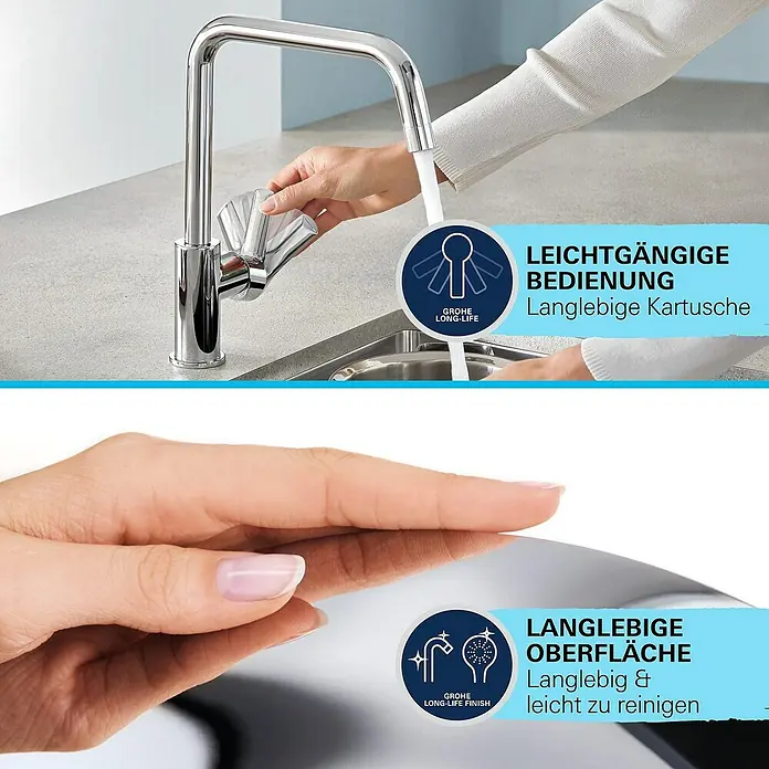 Grohe Start Loop Spültischarmatur - Chrom, Glänzend - Produktbild einer GROHE Küchenarmatur mit Hinweisen zur leichtgängigen Bedienung und langlebigen Oberfläche.