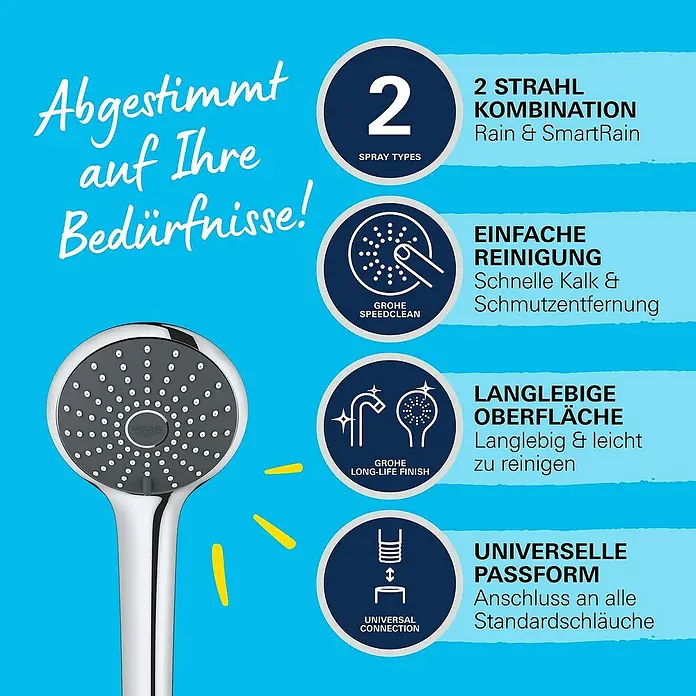 Grohe Vitalio Joy Handbrause - Anzahl Funktionen: 2 Stk., Chrom - Grohe Duschkopf mit zwei Strahlarten, einfacher Reinigung, langlebiger Oberfläche und universeller Passform für alle Standardschläuche.