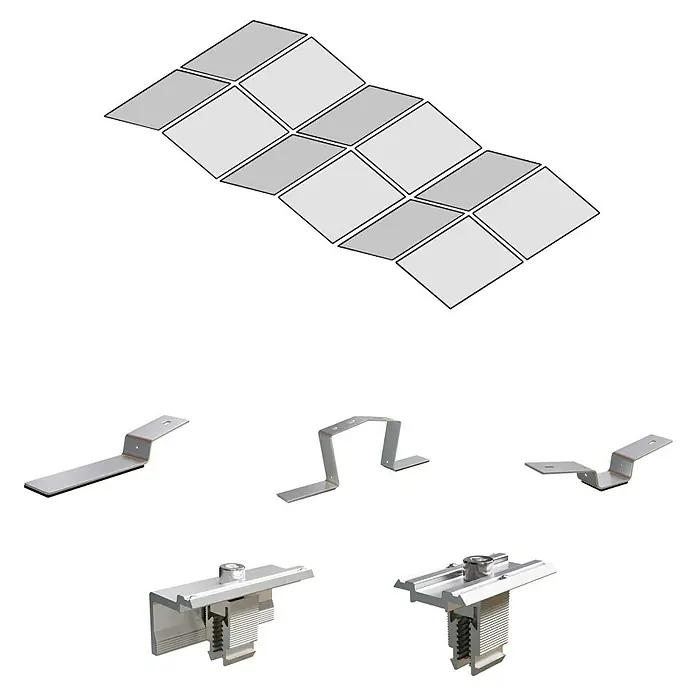 Solavento Befestigungs-Set - Passend für: 12 Solarmodule (6x2), Witterungsbeständig, Geeignet für: Flachdach, Gesamtstückzahl: 69 Stk. - Verschiedene silberne Metallhalterungen und Klemmen zur Solarmontage, mit einem Raster von Solarmodulen.