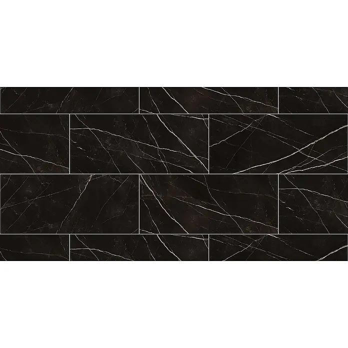 Corso Italia Feinsteinzeugfliese Calacatta - 120 x 278 cm, Schwarz, Glänzend - Schwarze Marmorfliesen mit markanten weißen Adern, im versetzten Muster angeordnet.