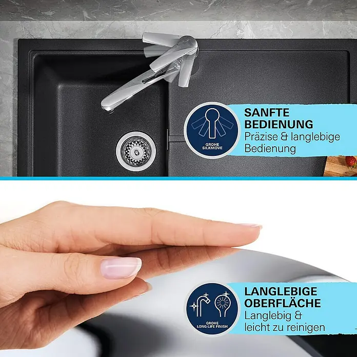Grohe QuickFix Spültischarmatur Get - Chrom, Glänzend - Bild einer Spüle mit Armatur. Die Spüle ist aus langlebigem Material gefertigt und leicht zu reinigen. Die Armatur ist leichtgängig und präzise.