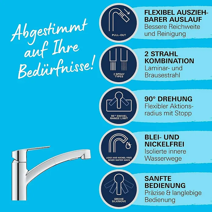 Grohe QuickFix Spültischarmatur Start - Chrom, Ausziehbar, Glänzend - Produktbild einer Küchenarmatur mit verschiedenen Funktionen und Eigenschaften.