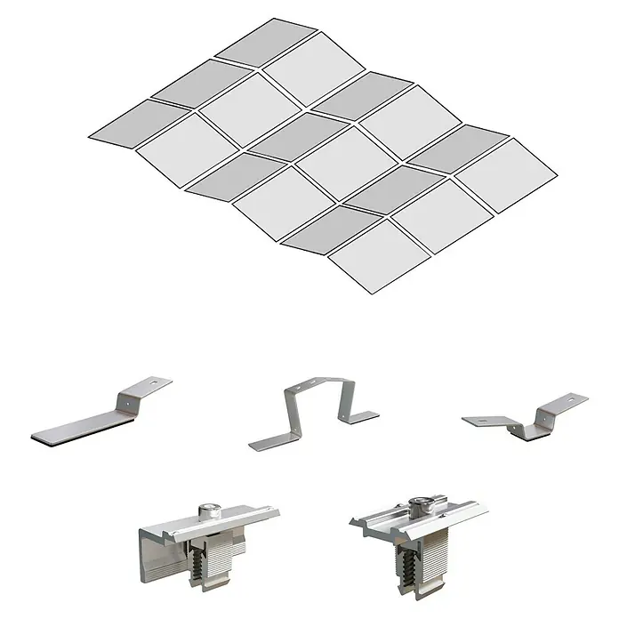 Solavento Befestigungs-Set - Passend für: 18 Solarmodule, Witterungsbeständig, Geeignet für: Flachdach, Gesamtstückzahl: 100 Stk. - Ein Raster heller Solarmodule und verschiedene silberne Metallbefestigungen und Klemmen für die Solarmontage.