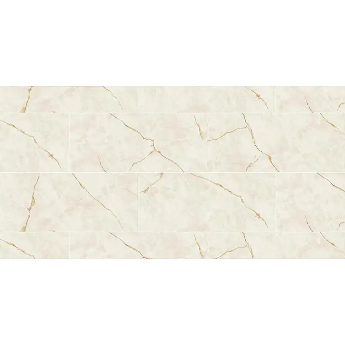 Corso Italia Feinsteinzeugfliese Onyx - 120 x 278 cm, Weiß, Glänzend - Helle beige Marmoroptik-Fliesen mit goldbraunen Äderungen, horizontal verlegt.