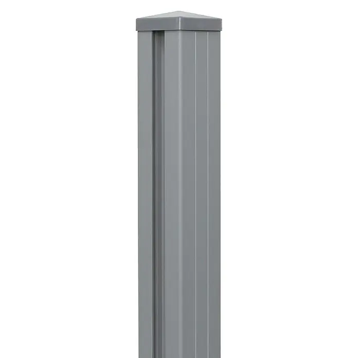GroJa mix-it Zaunpfosten - Höhe: 300 cm, Durchmesser: 70 mm, Silbergrau, Aluminium - Grauer Zaunpfosten mit pyramidenförmiger Kappe und vertikalen Nuten zur Paneelmontage.