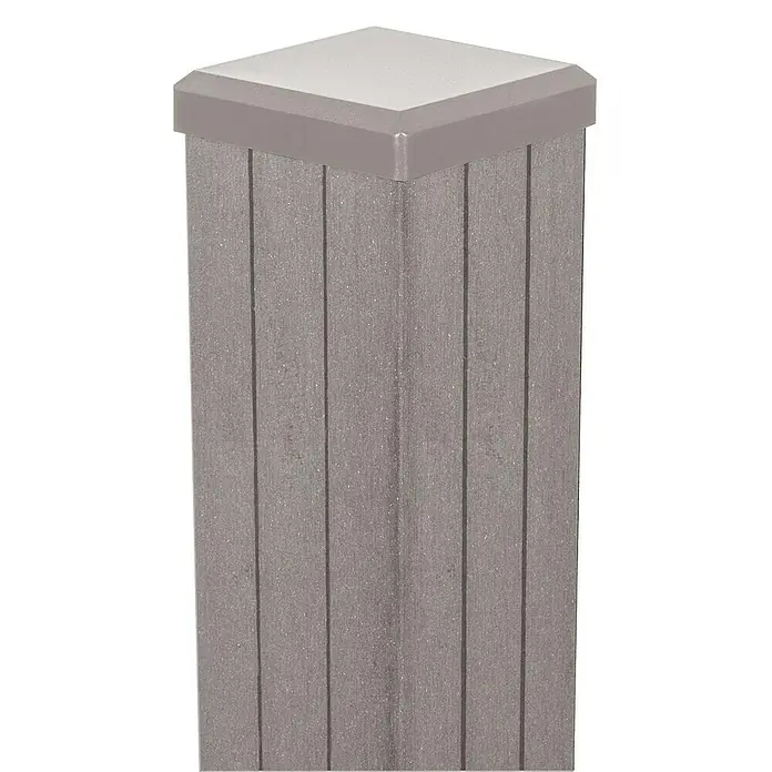 GroJa Solid Zaunpfosten - L x B x H: 7 x 7 x 300 cm, Beige - Grauer, strukturierter Vierkantpfosten mit vertikalen Linien und hellgrauer Abschlusskappe.