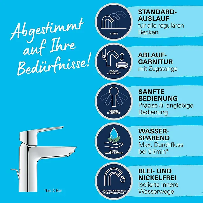 Grohe QuickFix Waschtischarmatur Start S-Size - Chrom, Glänzend - Abgestimmt auf Ihre Bedürfnisse! Die Armatur bietet Standardauslauf, sanfte Bedienung und Wassersparfunktion für jedes Becken.