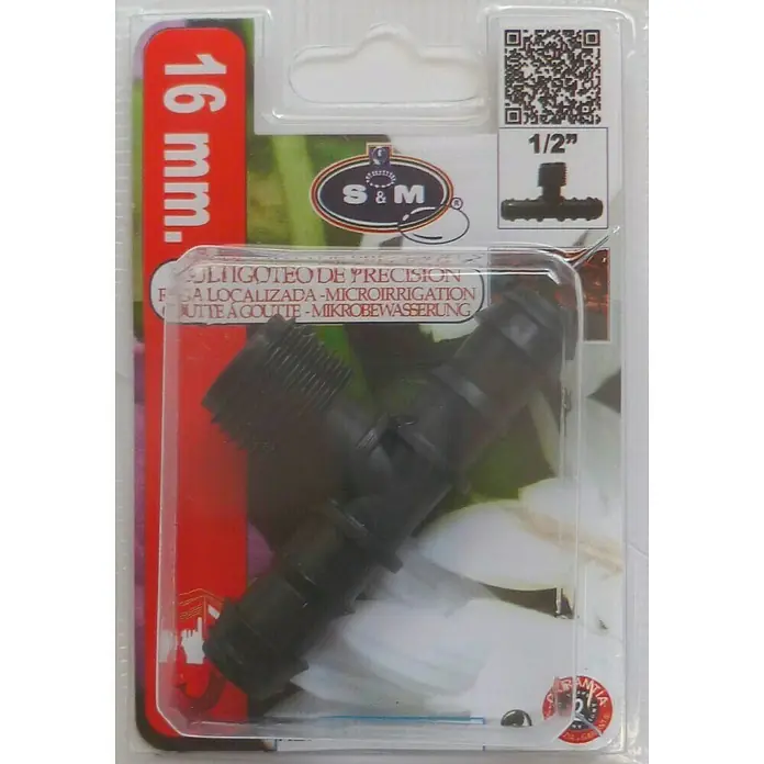Pieza T Goteo macho 1/2" - 16 mm - Primer plano de un conector de riego en T de 16 mm de S&M en un embalaje transparente, ideal para microirrigación de precisión en tu jardín.