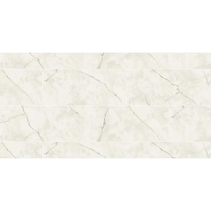 Corso Italia Feinsteinzeugfliese Onyx - 120 x 278 cm, Gold, Glänzend - Rechteckige helle Marmoroptik-Fliesen mit dunklen Äderungen, als Oberfläche verlegt.