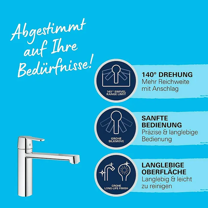 Grohe QuickFix Spültischarmatur Get - Chrom, Glänzend - Produktbild: Einhand-Waschtischarmatur mit 140° Schwenkbereich, sanfter Bedienung und langlebiger, leicht zu reinigender Oberfläche.
