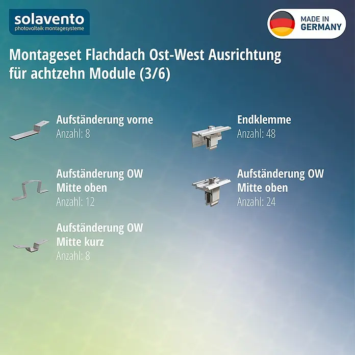 Solavento Befestigungs-Set - Passend für: 18 Solarmodule, Witterungsbeständig, Geeignet für: Flachdach, Gesamtstückzahl: 100 Stk. - Montageset für 18 Solarmodule (Flachdach, Ost-West) mit silbernen Aufständerungen und Endklemmen. Made in Germany.
